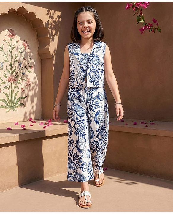 Pine Kids Sleeveless Floral Printed Indo Western Set - Blue