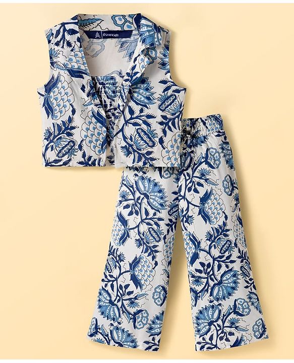 Pine Kids Sleeveless Floral Printed Indo Western Set - Blue