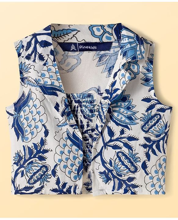 Pine Kids Sleeveless Floral Printed Indo Western Set - Blue