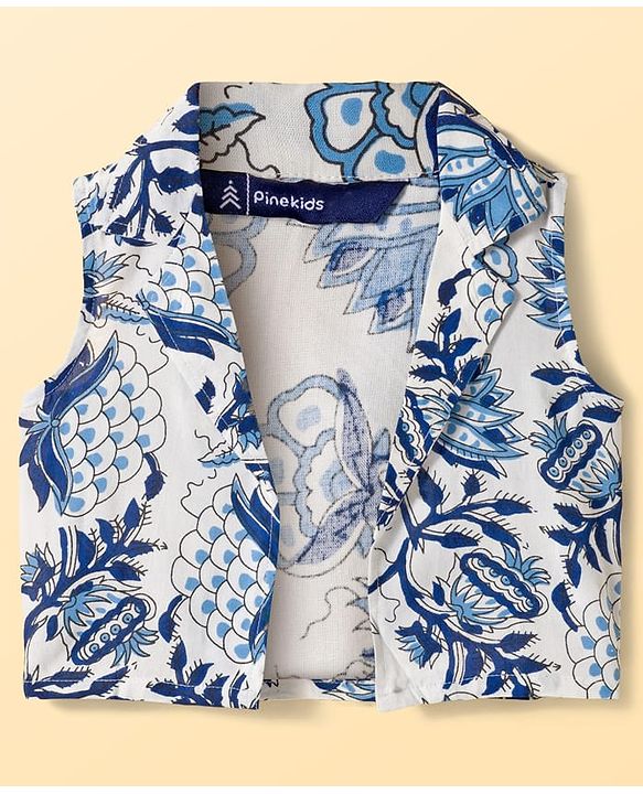 Pine Kids Sleeveless Floral Printed Indo Western Set - Blue