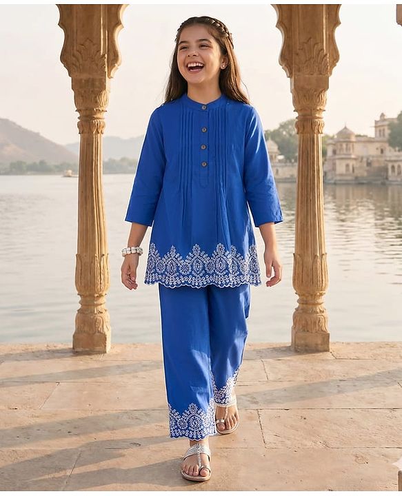 Pine Kids Cotton Woven Full Sleeves Pintuck & Embroidered Detailing Top & Pant Set - Blue