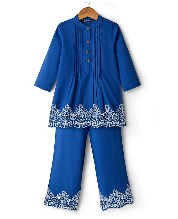 Pine Kids Cotton Woven Full Sleeves Pintuck & Embroidered Detailing Top & Pant Set - Blue