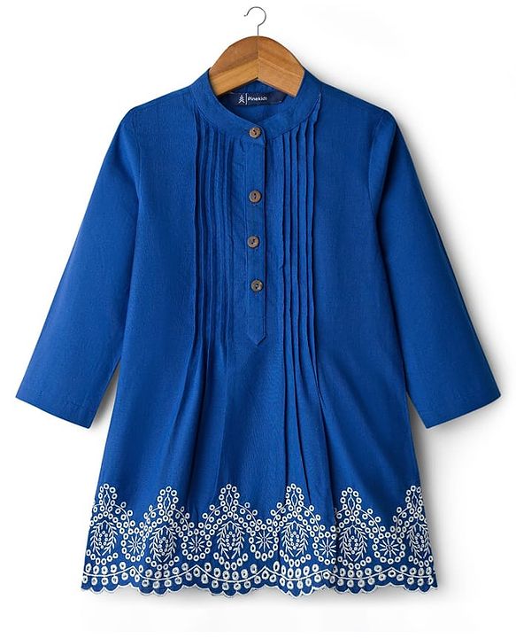 Pine Kids Cotton Woven Full Sleeves Pintuck & Embroidered Detailing Top & Pant Set - Blue