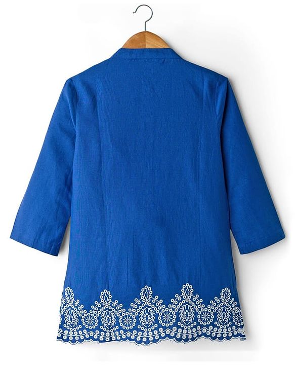 Pine Kids Cotton Woven Full Sleeves Pintuck & Embroidered Detailing Top & Pant Set - Blue