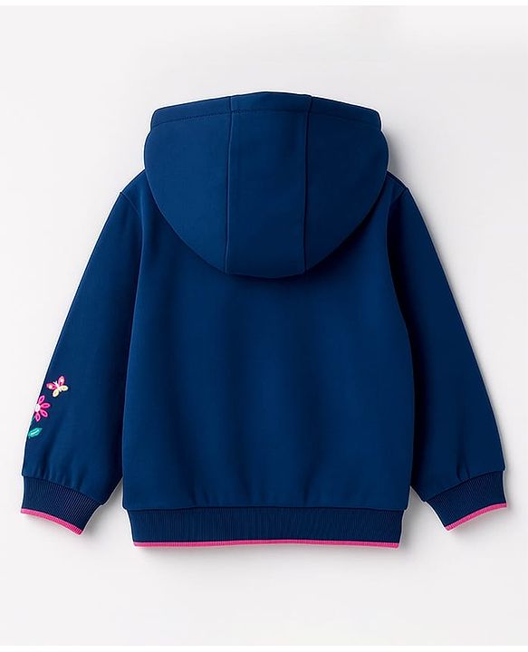 Babyhug Cotton Knit Full Sleeves Hooded SweatJacket with Animal & Floral Embroidery - Navy Blue