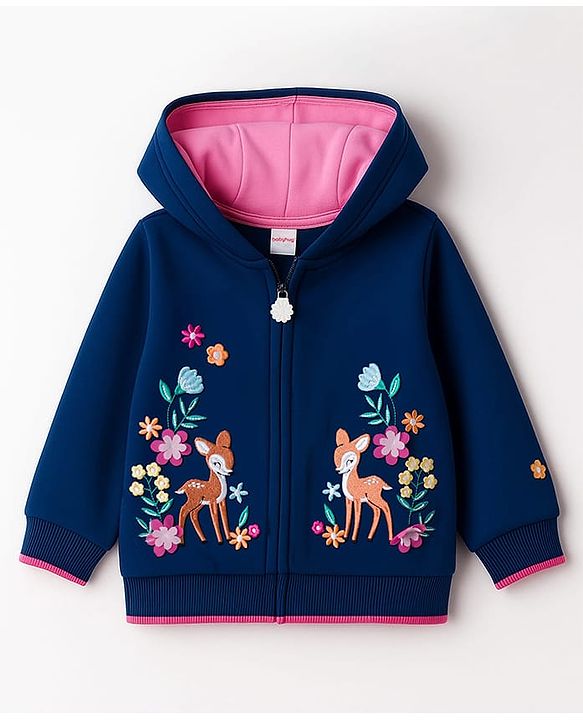 Babyhug 100% Cotton Knit Full Sleeves Hooded SweatJacket with Animal & Floral Embroidery - Navy Blue