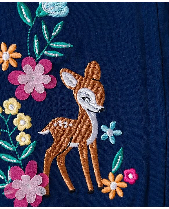 Babyhug 100% Cotton Knit Full Sleeves Hooded SweatJacket with Animal & Floral Embroidery - Navy Blue