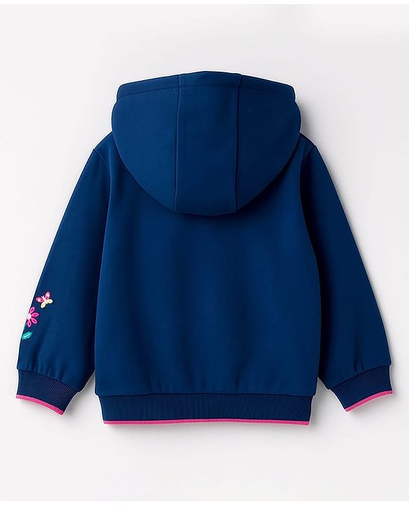 Babyhug 100% Cotton Knit Full Sleeves Hooded SweatJacket with Animal & Floral Embroidery - Navy Blue