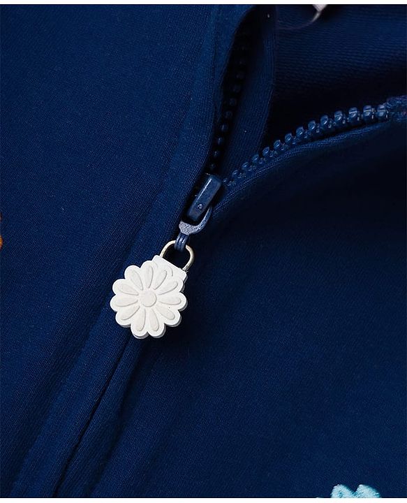 Babyhug 100% Cotton Knit Full Sleeves Hooded SweatJacket with Animal & Floral Embroidery - Navy Blue