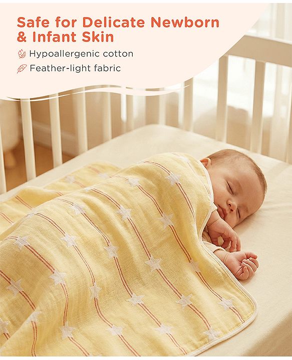 Babyhug 6 Layer 100% Cotton Gauze Muslin Baby Blanket | Super Soft | Breathable | Absorbent - Yellow