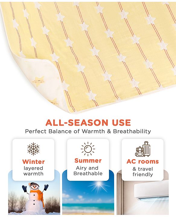 Babyhug 6 Layer 100% Cotton Gauze Muslin Baby Blanket | Super Soft | Breathable | Absorbent - Yellow