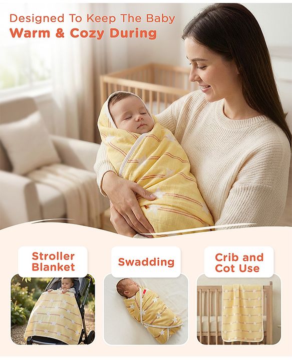 Babyhug 6 Layer 100% Cotton Gauze Muslin Baby Blanket | Super Soft | Breathable | Absorbent - Yellow