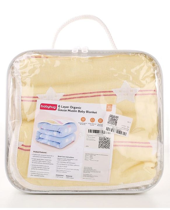 Babyhug 6 Layer 100% Cotton Gauze Muslin Baby Blanket | Super Soft | Breathable | Absorbent - Yellow