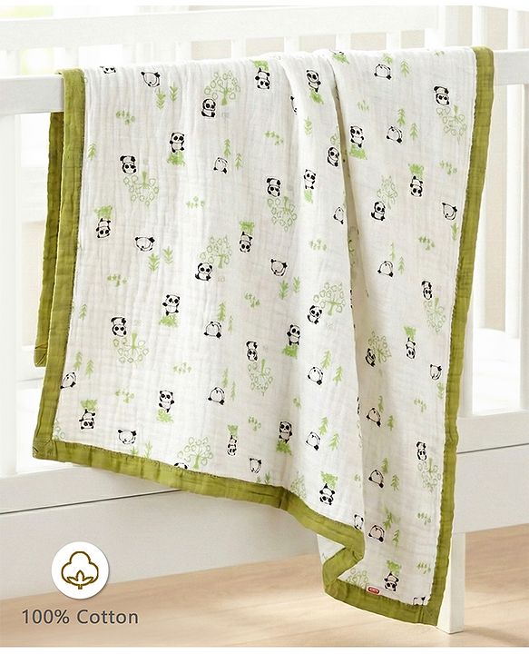 Babyhug 6 Layer Muslin Baby Blanket with Contrast Wide Edge Panda Print - Green| Absorbent Soft & Breathable| All Season Blanket| New Born Gifting| Bath Towel, Wrapper, Feeding Towel| Machine Washable