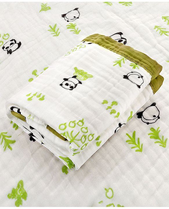 Babyhug 6 Layer Muslin Baby Blanket with Contrast Wide Edge Panda Print - Green| Absorbent Soft & Breathable| All Season Blanket| New Born Gifting| Bath Towel, Wrapper, Feeding Towel| Machine Washable
