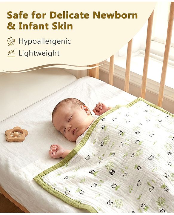 Babyhug 6 Layer Muslin Baby Blanket with Contrast Wide Edge Panda Print - Green| Absorbent Soft & Breathable| All Season Blanket| New Born Gifting| Bath Towel, Wrapper, Feeding Towel| Machine Washable