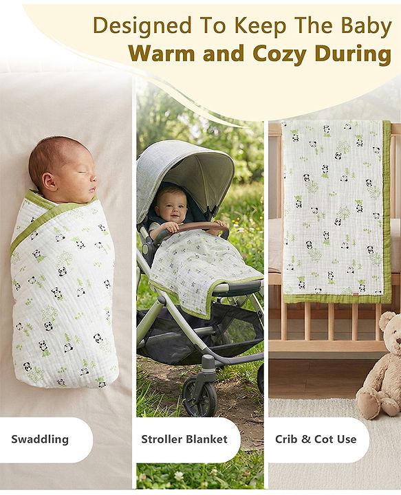 Babyhug 6 Layer Muslin Baby Blanket with Contrast Wide Edge Panda Print - Green| Absorbent Soft & Breathable| All Season Blanket| New Born Gifting| Bath Towel, Wrapper, Feeding Towel| Machine Washable