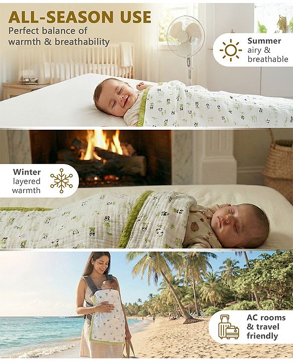Babyhug 6 Layer Muslin Baby Blanket with Contrast Wide Edge Panda Print - Green| Absorbent Soft & Breathable| All Season Blanket| New Born Gifting| Bath Towel, Wrapper, Feeding Towel| Machine Washable