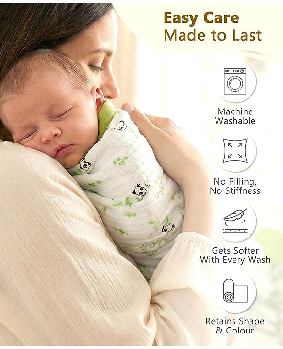 Babyhug 6 Layer Muslin Baby Blanket with Contrast Wide Edge Panda Print - Green| Absorbent Soft & Breathable| All Season Blanket| New Born Gifting| Bath Towel, Wrapper, Feeding Towel| Machine Washable