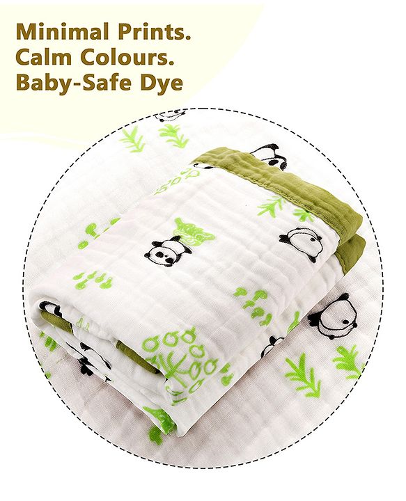 Babyhug 6 Layer Muslin Baby Blanket with Contrast Wide Edge Panda Print - Green| Absorbent Soft & Breathable| All Season Blanket| New Born Gifting| Bath Towel, Wrapper, Feeding Towel| Machine Washable