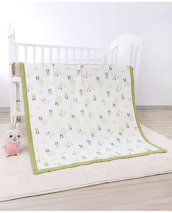Babyhug 6 Layer Muslin Baby Blanket with Contrast Wide Edge Panda Print - Green| Absorbent Soft & Breathable| All Season Blanket| New Born Gifting| Bath Towel, Wrapper, Feeding Towel| Machine Washable