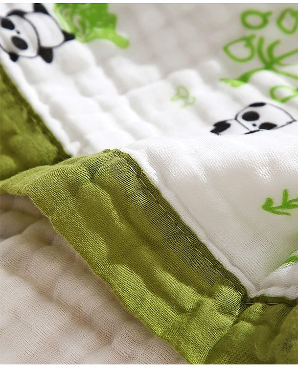 Babyhug 6 Layer Muslin Baby Blanket with Contrast Wide Edge Panda Print - Green| Absorbent Soft & Breathable| All Season Blanket| New Born Gifting| Bath Towel, Wrapper, Feeding Towel| Machine Washable