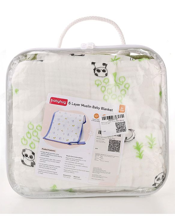 Babyhug 6 Layer Muslin Baby Blanket with Contrast Wide Edge Panda Print - Green| Absorbent Soft & Breathable| All Season Blanket| New Born Gifting| Bath Towel, Wrapper, Feeding Towel| Machine Washable