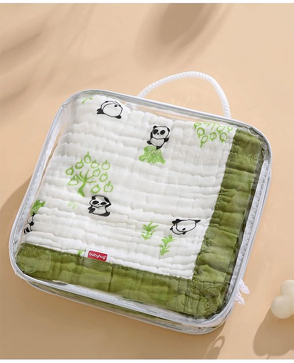 Babyhug 6 Layer Muslin Baby Blanket with Contrast Wide Edge Panda Print - Green| Absorbent Soft & Breathable| All Season Blanket| New Born Gifting| Bath Towel, Wrapper, Feeding Towel| Machine Washable