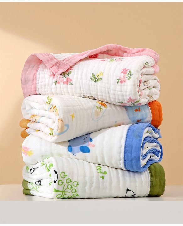 Babyhug 6 Layer Muslin Baby Blanket with Contrast Wide Edge Panda Print - Green| Absorbent Soft & Breathable| All Season Blanket| New Born Gifting| Bath Towel, Wrapper, Feeding Towel| Machine Washable