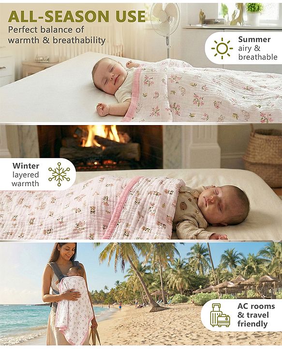 Babyhug 6 Layer Muslin Baby Blanket with Contrast Wide Edge Panda Print - Green| Absorbent Soft & Breathable| All Season Blanket| New Born Gifting| Bath Towel, Wrapper, Feeding Towel| Machine Washable