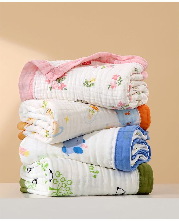 Babyhug 6 Layer Muslin Baby Blanket with Contrast Wide Edge Panda Print - Green| Absorbent Soft & Breathable| All Season Blanket| New Born Gifting| Bath Towel, Wrapper, Feeding Towel| Machine Washable