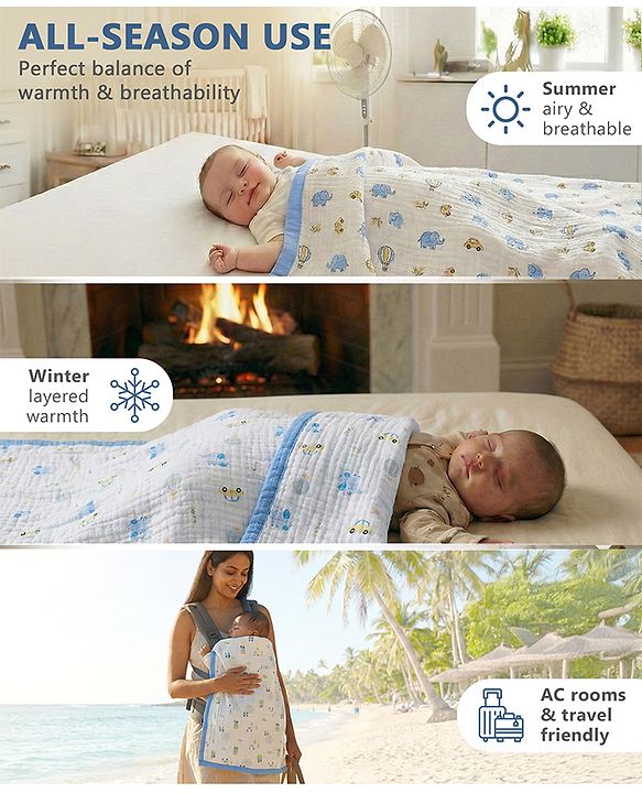 Babyhug 6 Layer Muslin Baby Blanket with Contrast Wide Edge Panda Print - Green| Absorbent Soft & Breathable| All Season Blanket| New Born Gifting| Bath Towel, Wrapper, Feeding Towel| Machine Washable