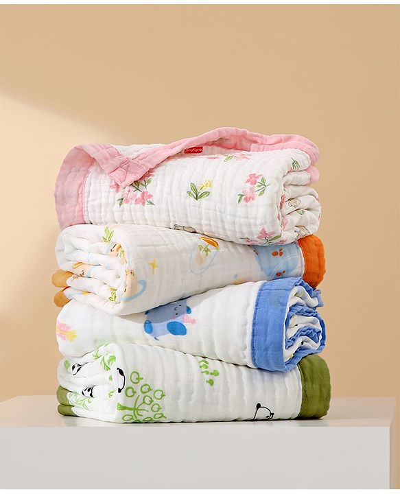 Babyhug 6 Layer Muslin Baby Blanket with Contrast Wide Edge Panda Print - Green| Absorbent Soft & Breathable| All Season Blanket| New Born Gifting| Bath Towel, Wrapper, Feeding Towel| Machine Washable