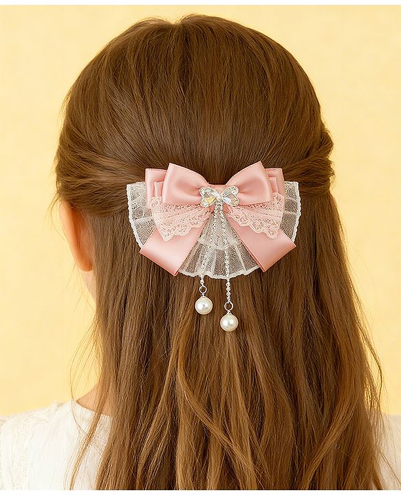 Pine Kids Bow & Butterfly Clip with Lace Detailing - Pink