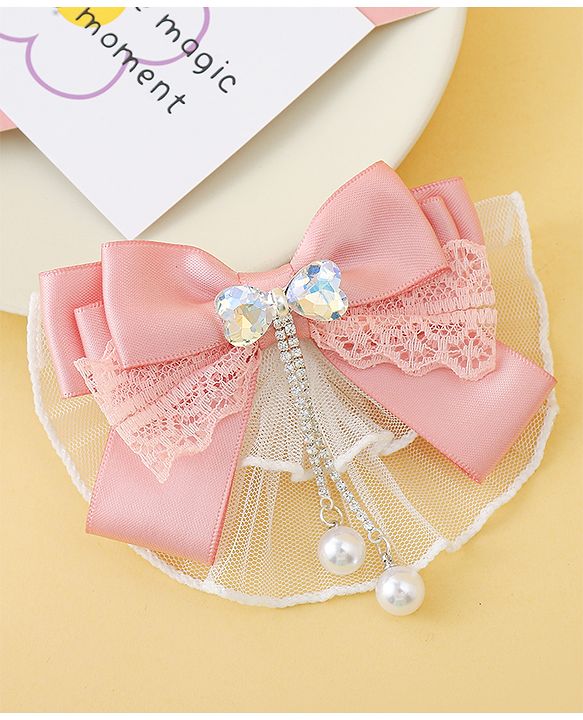 Pine Kids Bow & Butterfly Clip with Lace Detailing - Pink