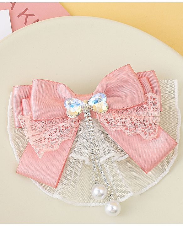 Pine Kids Bow & Butterfly Clip with Lace Detailing - Pink
