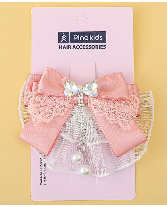 Pine Kids Bow & Butterfly Clip with Lace Detailing - Pink