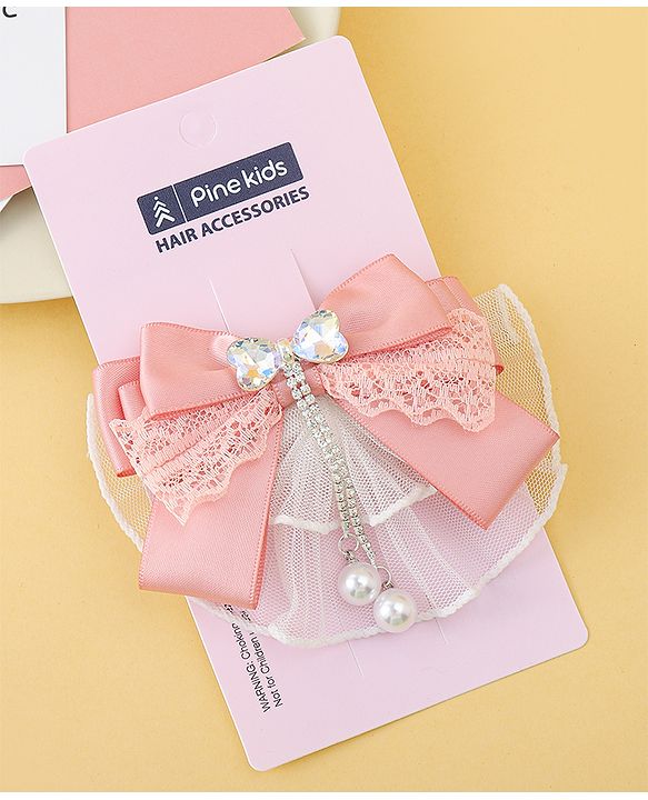 Pine Kids Bow & Butterfly Clip with Lace Detailing - Pink