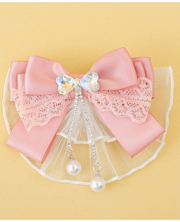 Pine Kids Bow & Butterfly Clip with Lace Detailing - Pink