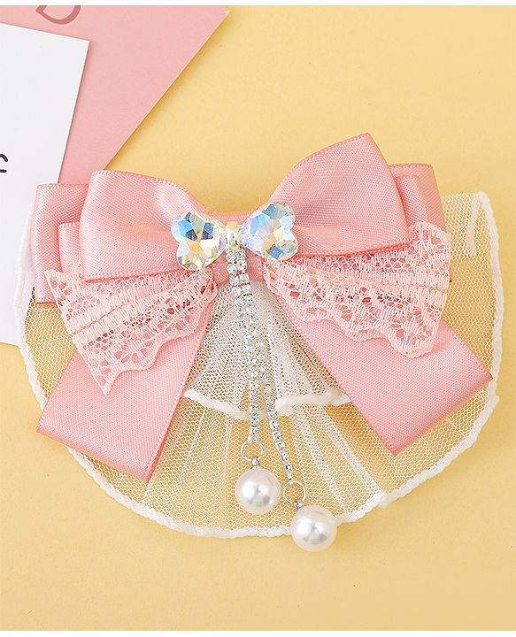 Pine Kids Bow & Butterfly Clip with Lace Detailing - Pink