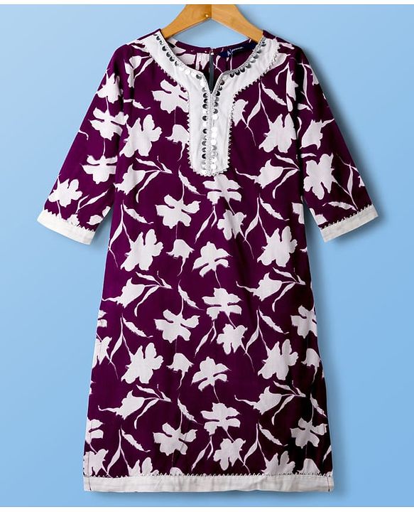 Pine Kids Cotton Woven Three Fourth Sleeves Floral Printed Kurta Chudidar Set with Dupatta - Purple
