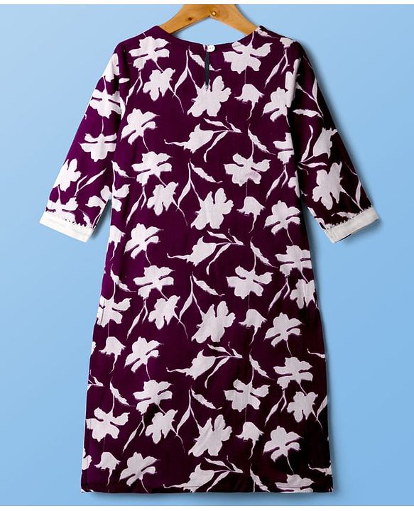 Pine Kids Cotton Woven Three Fourth Sleeves Floral Printed Kurta Chudidar Set with Dupatta - Purple