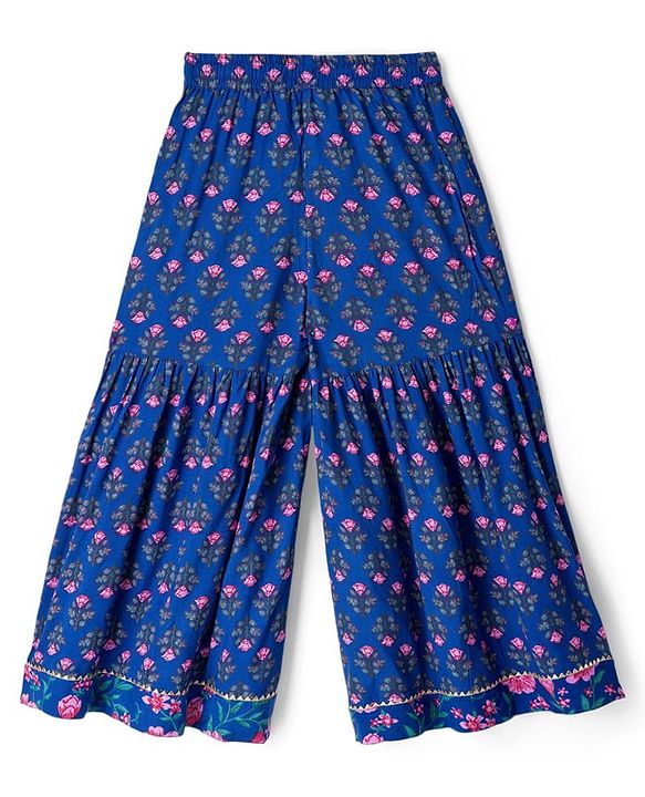 Pine Kids Cotton Woven Three Fourth Sleeves Floral Printed Kurta & Gharara with Dupatta Set - Blue