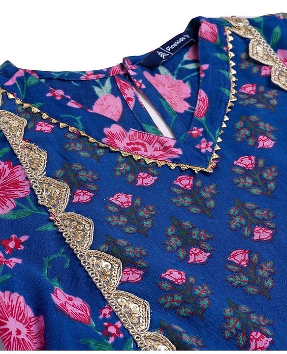 Pine Kids Cotton Woven Three Fourth Sleeves Floral Printed Kurta & Gharara with Dupatta Set - Blue