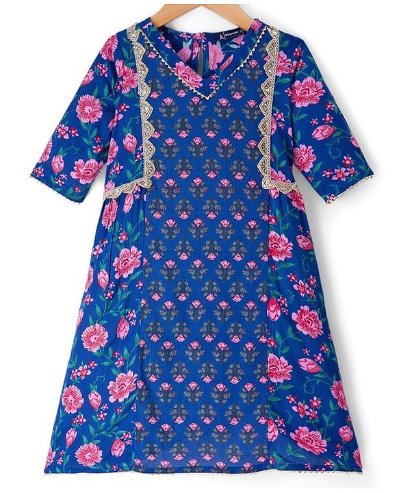 Pine Kids Cotton Woven Three Fourth Sleeves Floral Printed Kurta & Gharara with Dupatta Set - Blue