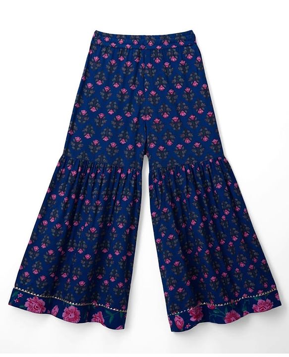 Pine Kids Cotton Woven Three Fourth Sleeves Floral Printed Kurta & Gharara with Dupatta Set - Blue