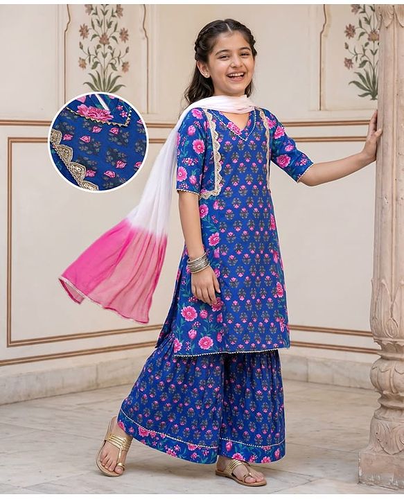 Pine Kids Cotton Woven Three Fourth Sleeves Floral Printed Kurta & Gharara with Dupatta Set - Blue
