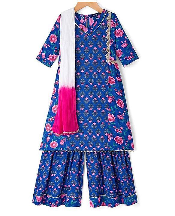 Pine Kids Cotton Woven Three Fourth Sleeves Floral Printed Kurta & Gharara with Dupatta Set - Blue