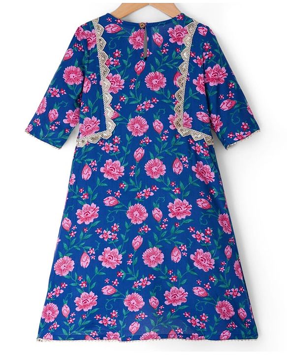 Pine Kids Cotton Woven Three Fourth Sleeves Floral Printed Kurta & Gharara with Dupatta Set - Blue