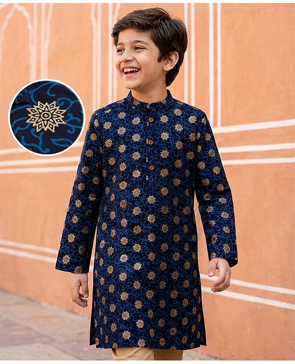 Pine Kids Cotton Woven Full Sleeves Kurta with Motif Glitter Print - Navy Blue